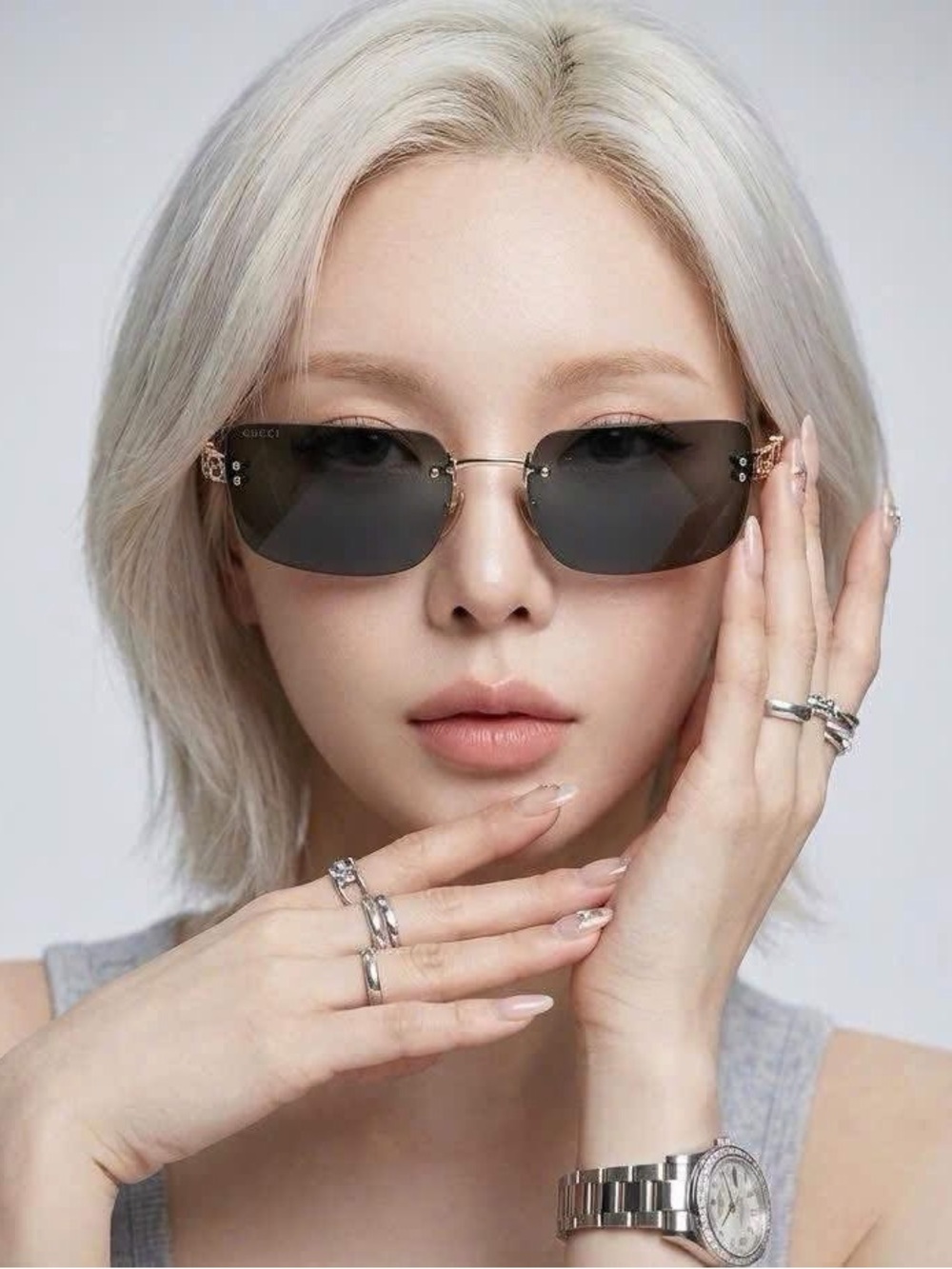 Gucci Rimless Sunglasses with Dark Gray Lenses and Gold Accents